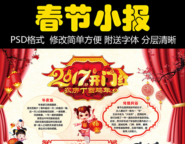 2017开门红春节传统习俗风俗手抄报模板