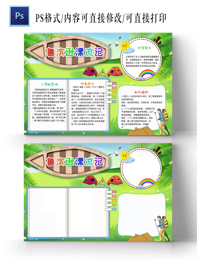 绿色卡通鲁滨逊漂流记卡通小报语文手抄报