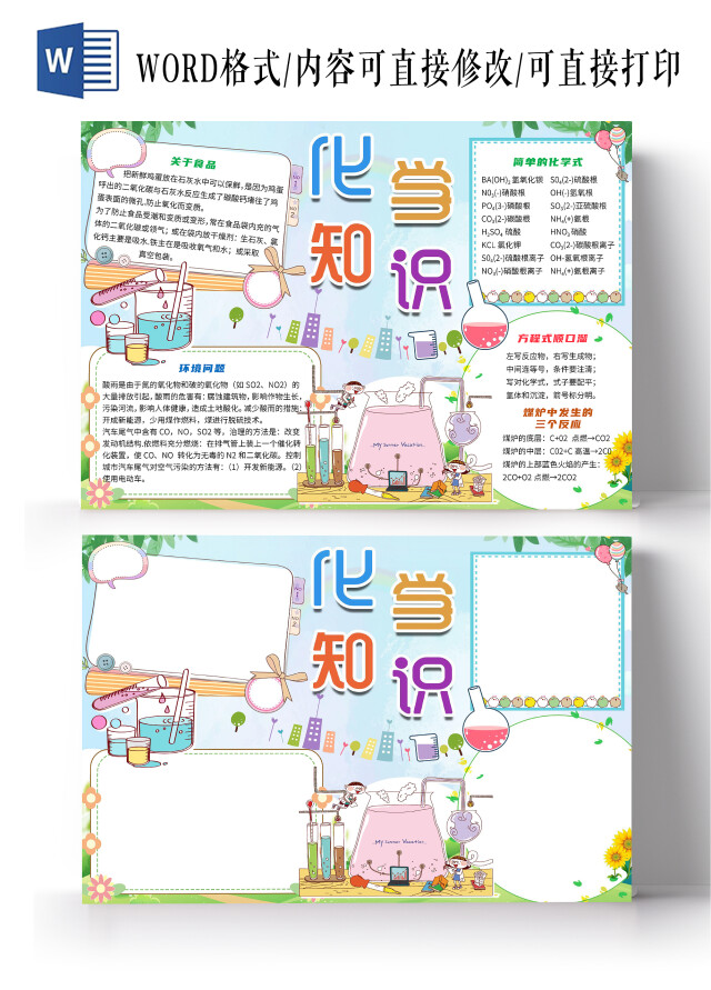 蓝色卡通化学知识生活中的化学科学小实验小报手抄报