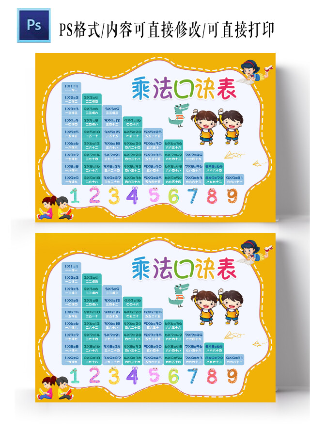 黄色卡通 乘法口诀表 九九乘法表 卡通小报手抄报