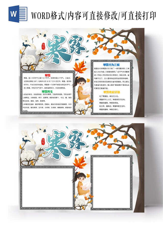 灰白色卡通寒露小报手抄报卡通小报手抄报