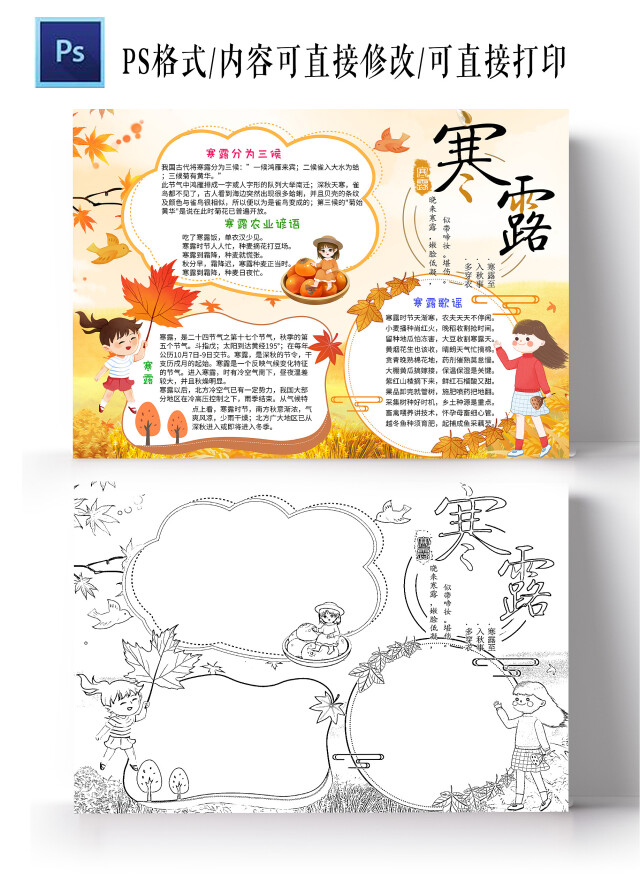 橙色卡通寒露小报手抄报卡通小报