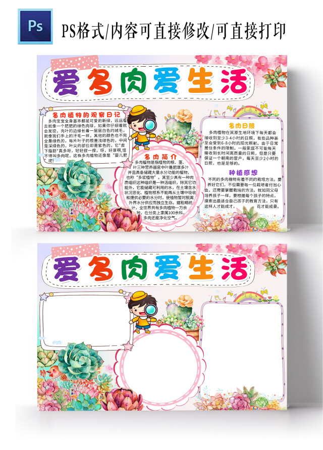 粉色卡通爱多肉爱生活多肉植物生长小报手抄报卡通小报手抄报