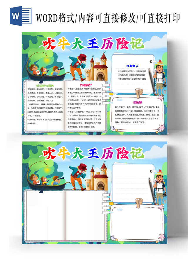 蓝绿色卡通吹牛大王历险记小报手抄报卡通小报手抄报