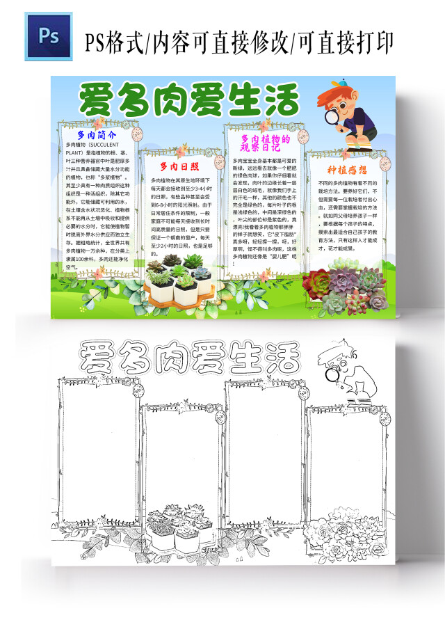 绿色卡通爱多肉爱生活多肉植物生长小学生手抄报卡通小报手抄报