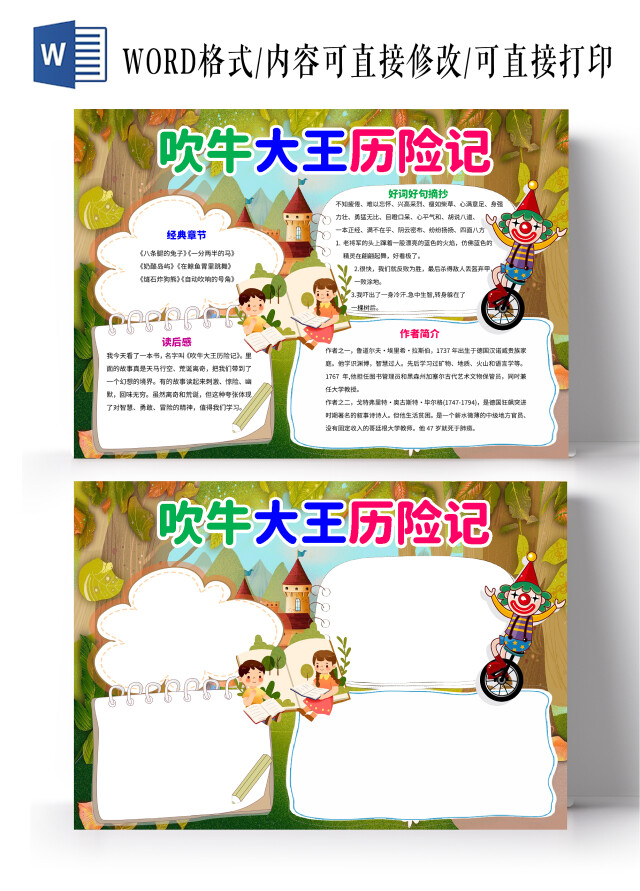 绿色卡通吹牛大王历险记小报手抄报卡通小报手抄报