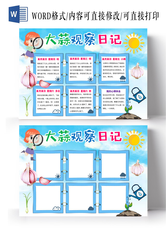 蓝色卡通大蒜观察日记蒜苗植物生长小报手抄报卡通小报手抄报