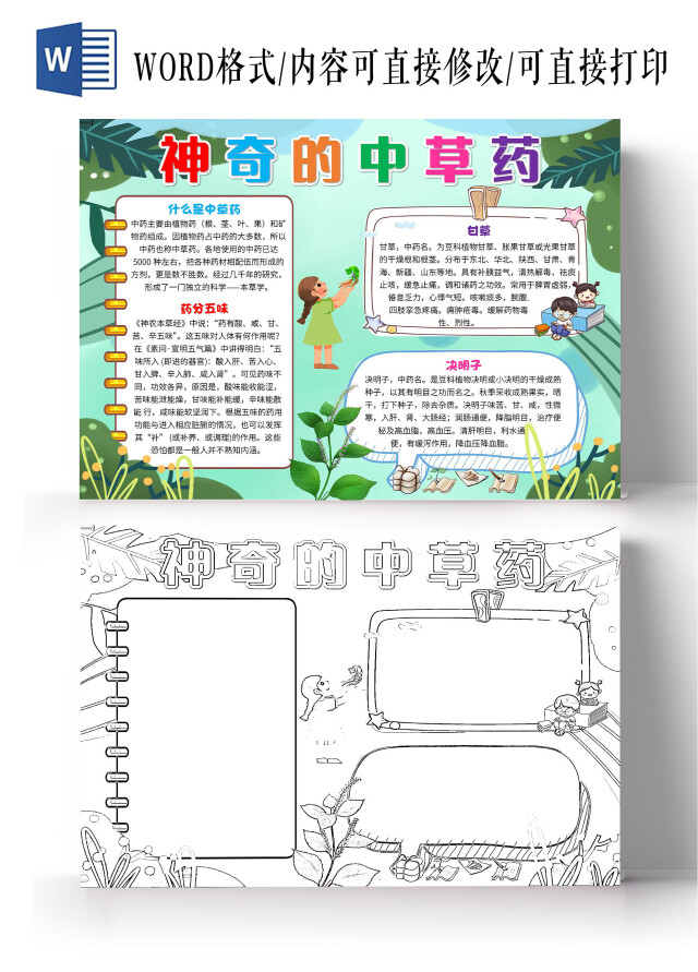 绿色卡通神奇的中草药中草药卡通小报手抄报