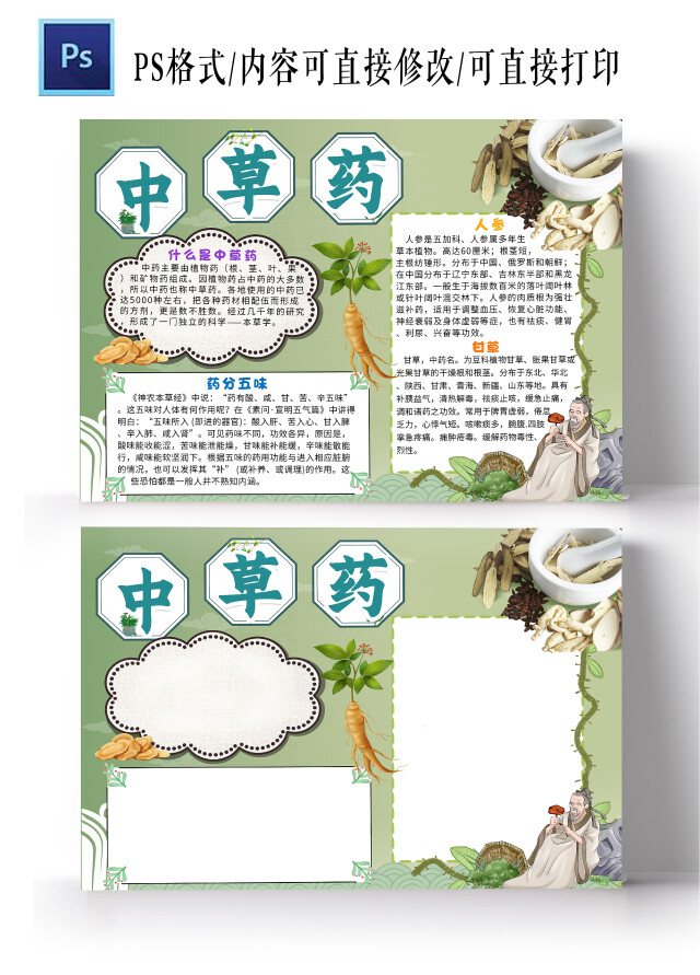 绿色卡通神奇的中草药中草药小报手抄报卡通小报手抄报