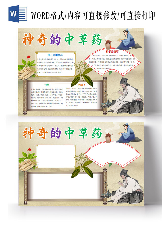 黄色古风神奇的中草药小报手抄报中草药小报手抄报