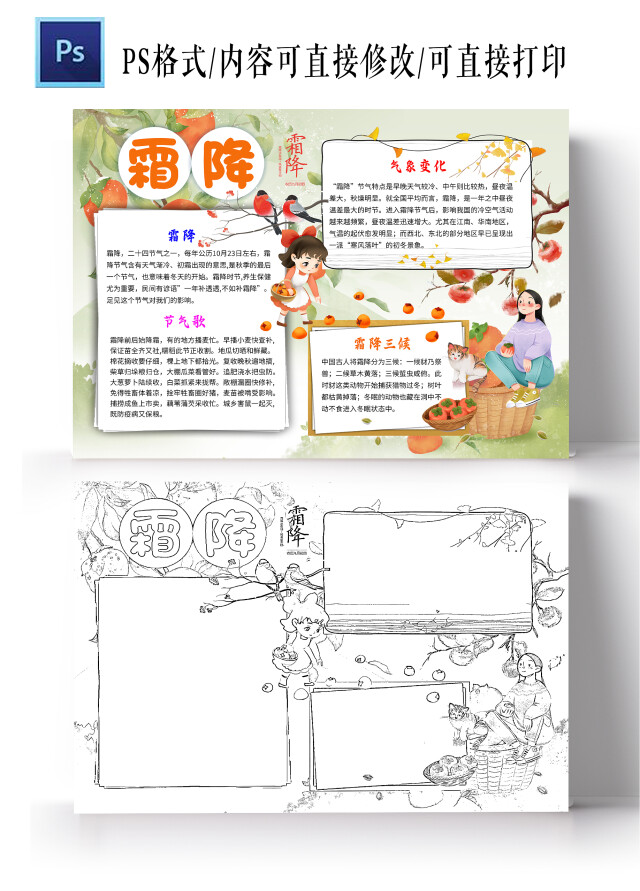 浅色卡通霜降小学生手抄报卡通小报手抄报