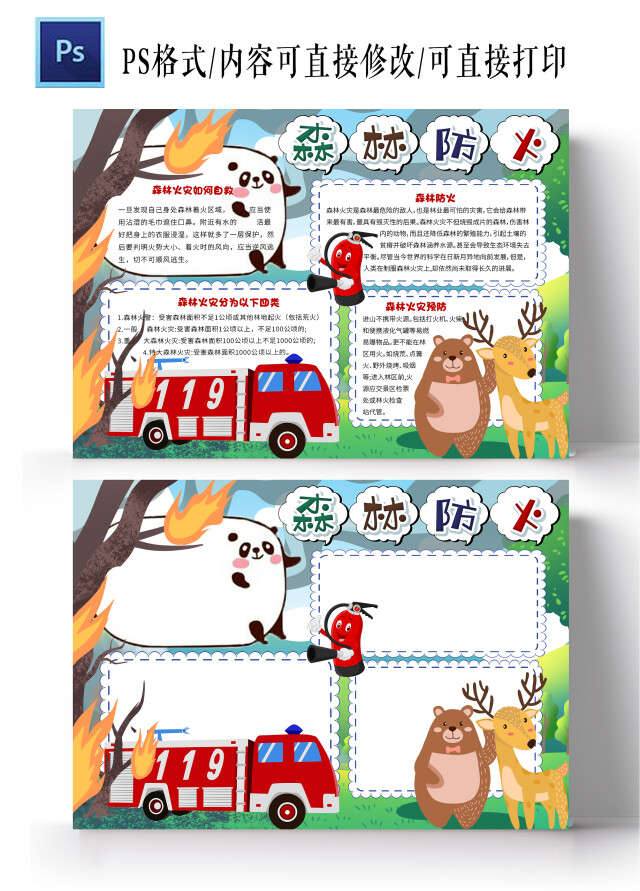 绿色可爱卡通森林防火知识小报手抄报