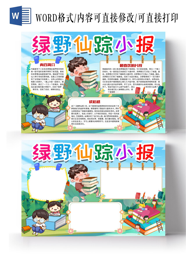 绿色卡通儿童绿野仙踪读书小报手抄报