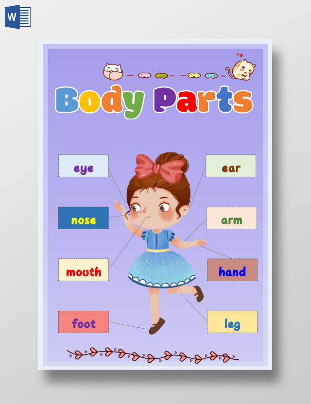 紫色卡通身体部位英语小报卡通小报手抄报