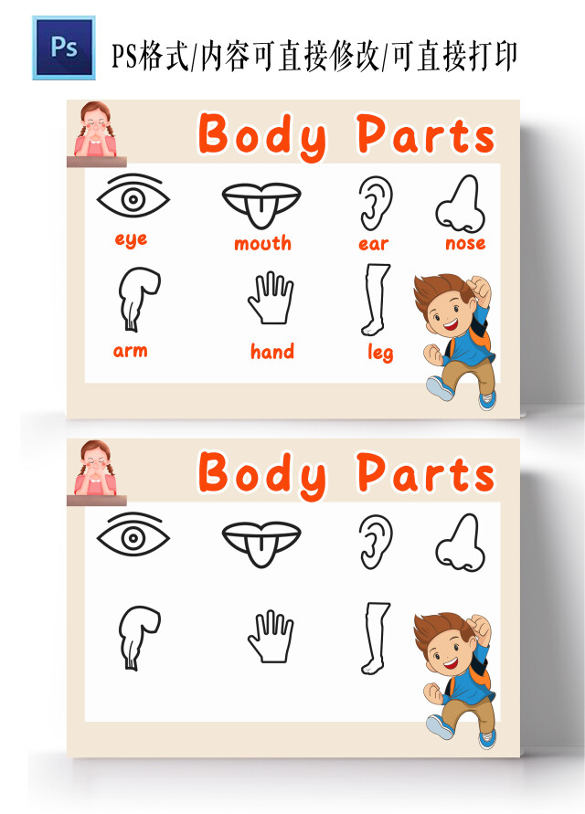 卡通人体部位BODY PARTS小报身体部位英语