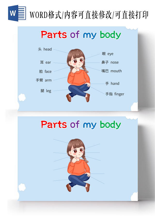 蓝色卡通身体部位英文小报手抄报卡通小报身体部位英语