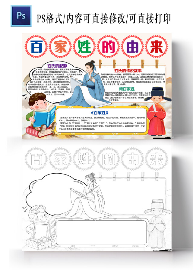 中国风卡通百家姓的由来小报手抄报卡通小报手抄报