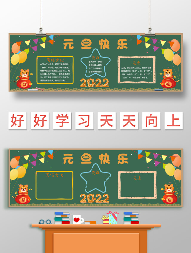 绿色卡通元旦快乐元旦小报黑板报卡通小报黑板报元旦黑板报