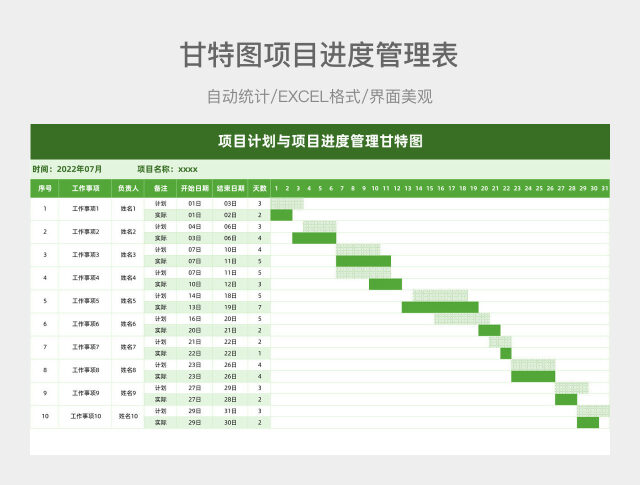 清爽绿色项目计划与项目进度管理甘特图