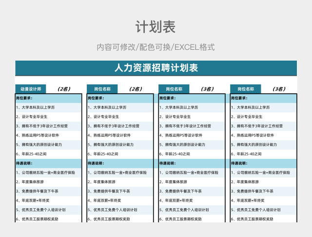 湖蓝色清新人力资源招聘计划表
