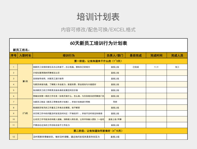 黄色清新新员工培训行为计划表
