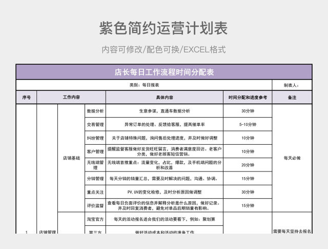 紫色简约淘宝运营计划,电商运营计划