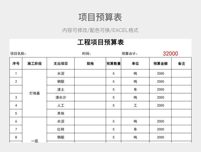 黑白简约项目预算表