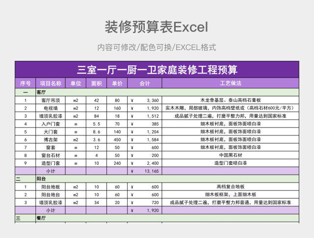 紫色简约装修预算表