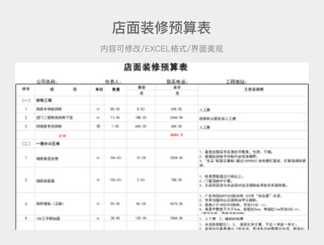 店面装修预算表