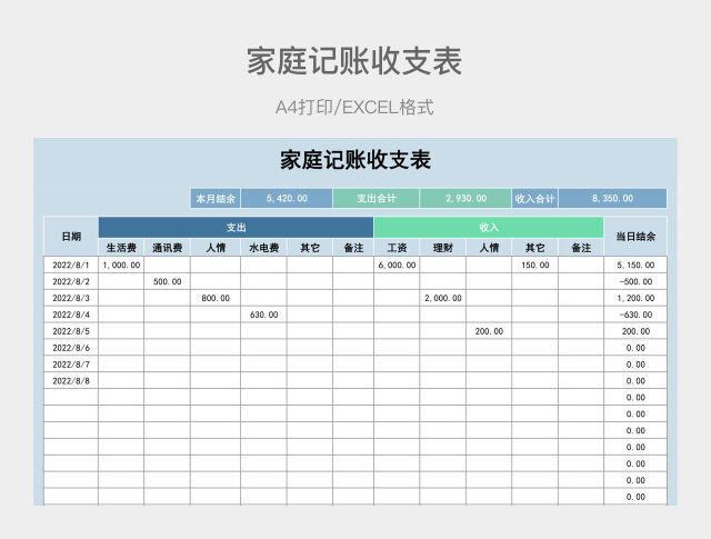 蓝色简约家庭记账收支表