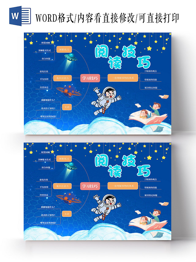 蓝色卡通阅读技巧小报