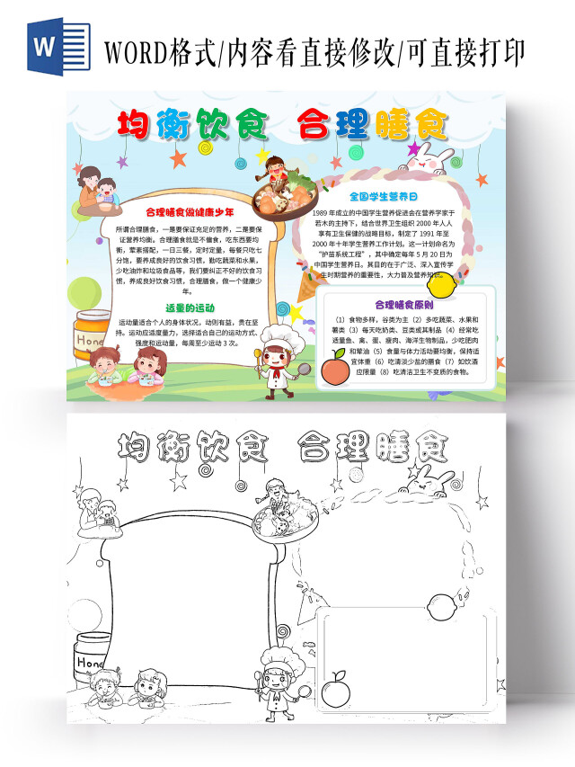 蓝绿色 卡通 均衡饮食合理膳食 学生营养日 卡通小报手抄报