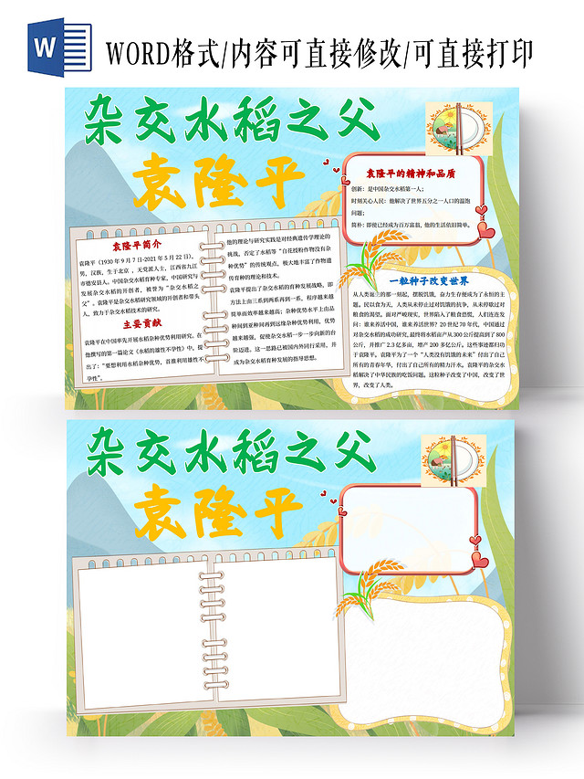 绿色卡通杂交水稻之父袁隆平小报手抄报卡通小报手抄报