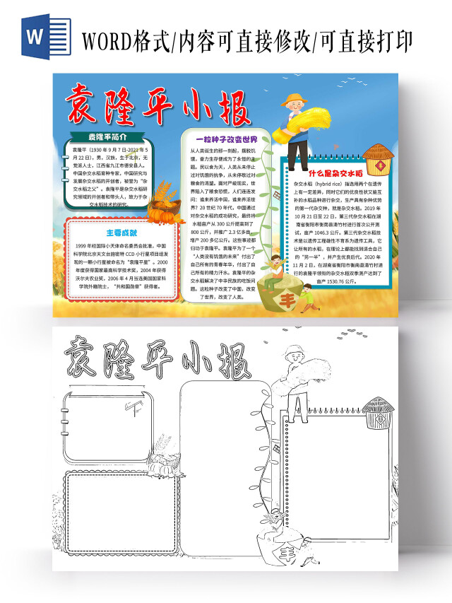 蓝黄色 卡通 袁隆平小报 袁隆平 卡通小报手抄报