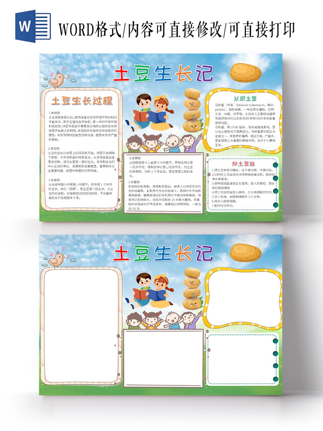 蓝色卡通土豆生长记小报