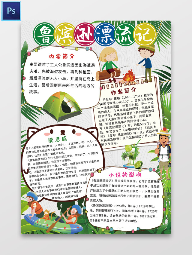 绿色卡通 鲁滨逊漂流记 语文小报手抄报 卡通小报手抄报