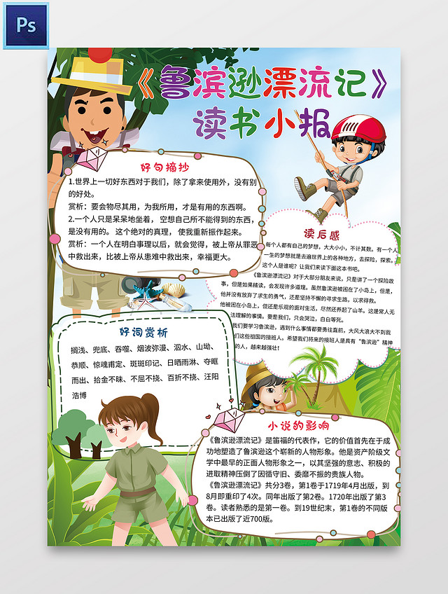 绿色卡通 鲁滨逊漂流记读书小报 语文小报手抄报 卡通小报