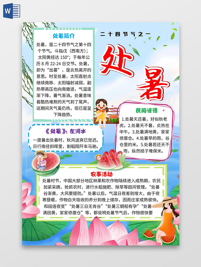 蓝色卡通处暑处暑卡通小报手抄报
