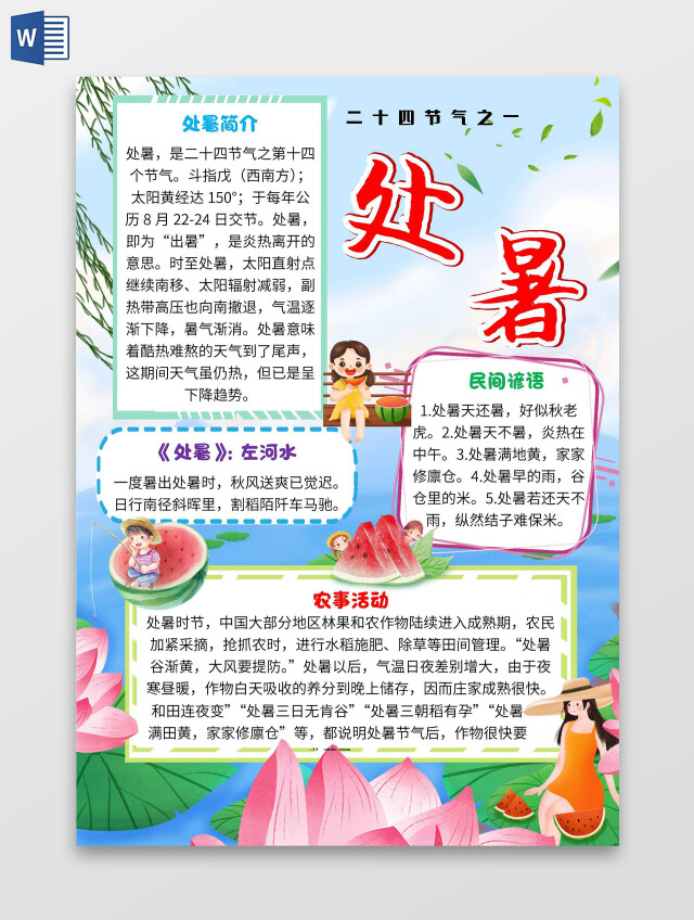 蓝色卡通处暑处暑卡通小报手抄报