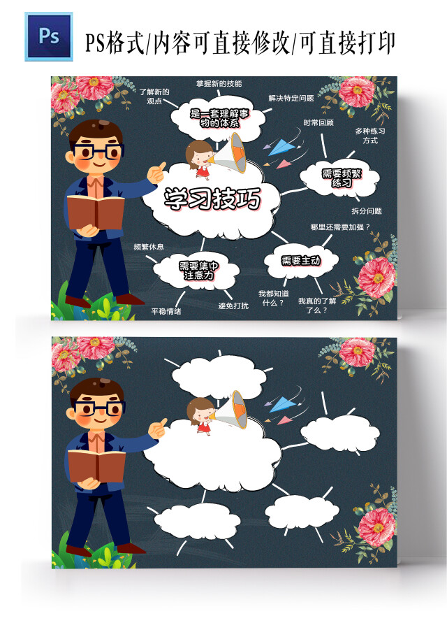彩色卡通学习技巧思维导图小报手抄报学习技巧思维导图PS