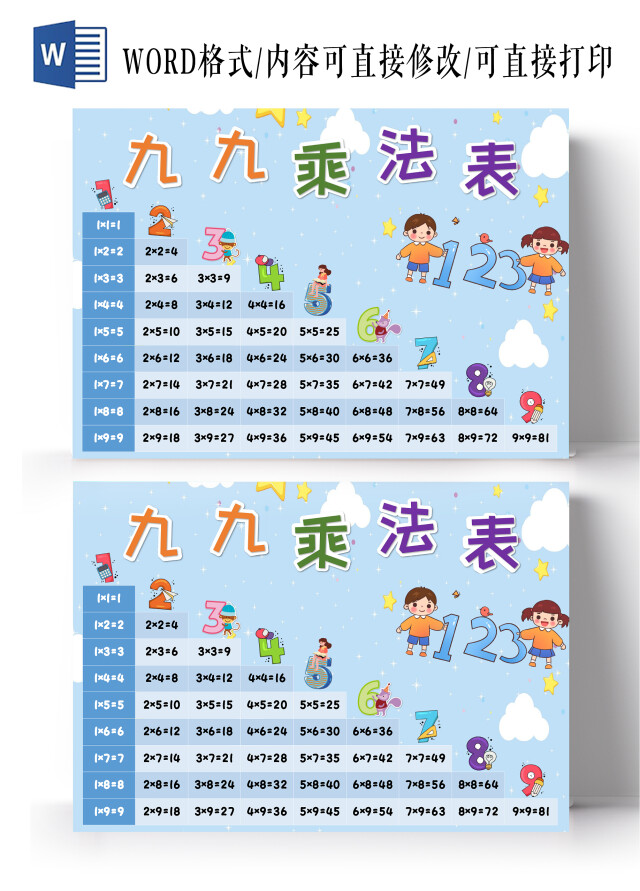 蓝色卡通九九乘法表小报手抄报卡通小报手抄报