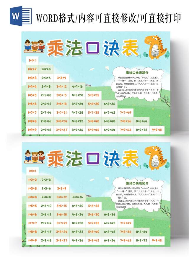绿色卡通乘法口诀表九九乘法表小报手抄报卡通小报手抄报