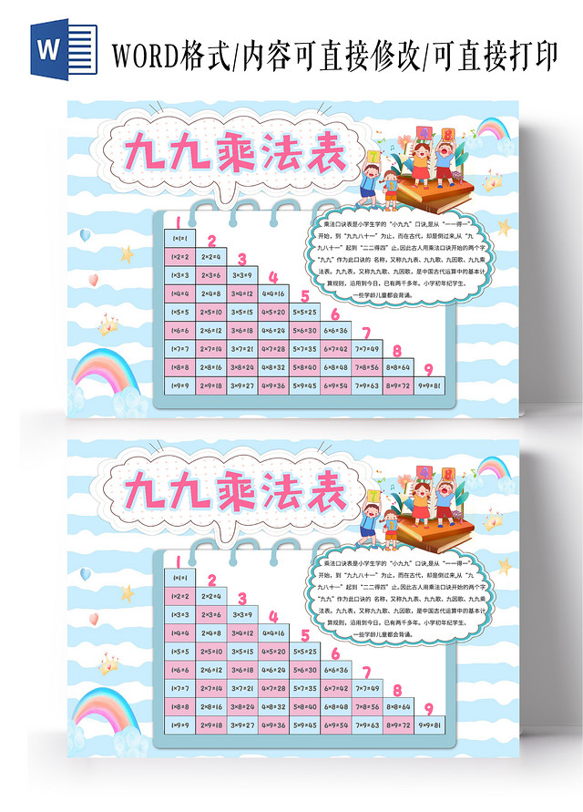 蓝色卡通九九乘法表小报手抄报卡通小报手抄报