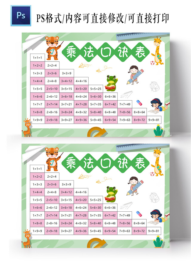 绿色卡通 乘法口诀表 九九乘法表 卡通小报手抄报