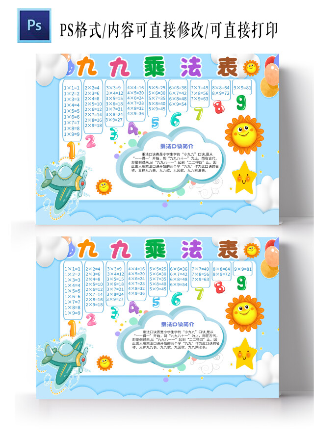 蓝色卡通九九乘法表手抄报版面设计