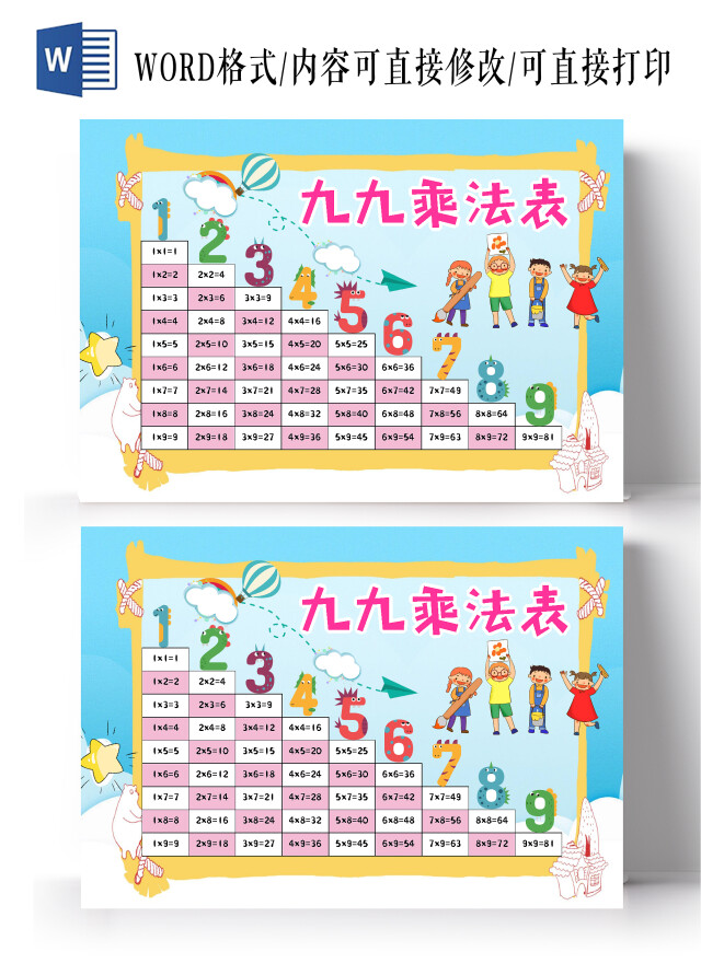 蓝色卡通九九乘法表小报手抄报卡通小报手抄报