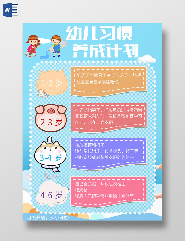 蓝色可爱幼儿儿童习惯养成计划卡表计划表好习惯小报手抄报
