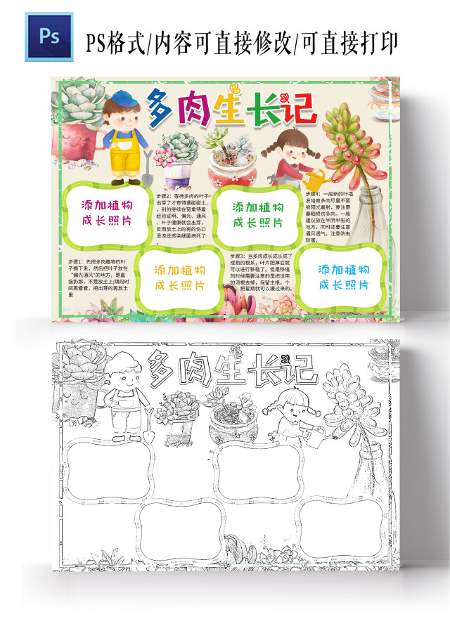 浅黄卡通多肉成长记多肉植物生长小学生手抄报小报