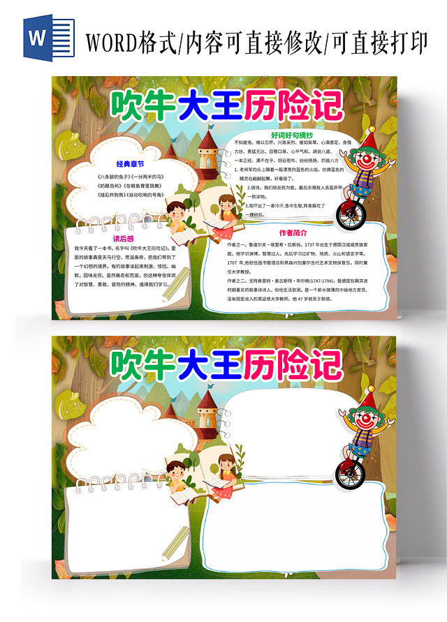 绿色卡通吹牛大王历险记小报手抄报卡通小报手抄报
