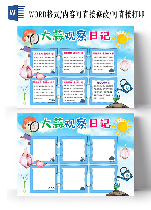 蓝色卡通大蒜观察日记蒜苗植物生长小报手抄报卡通小报手抄报
